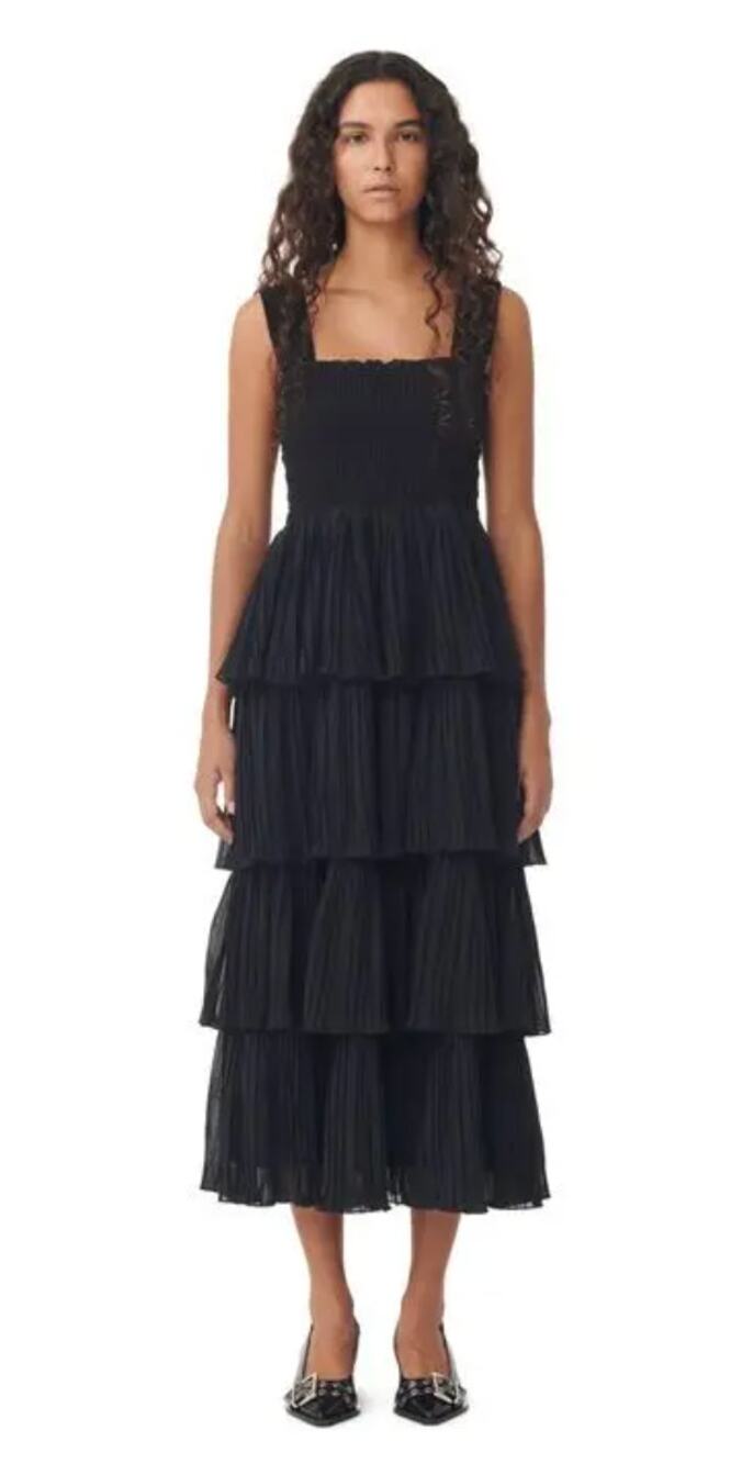 GANNI Pleated Georgette Flounce Smock Midi Dress Black Womens Size 32 New